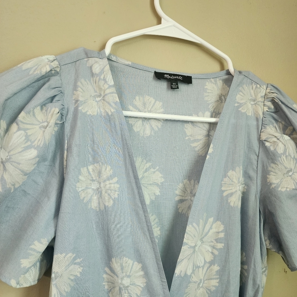 Madewell  Floral Light Blue Wrap Dress Cotton Tie Waist. Size XS - Picture 7 of 8